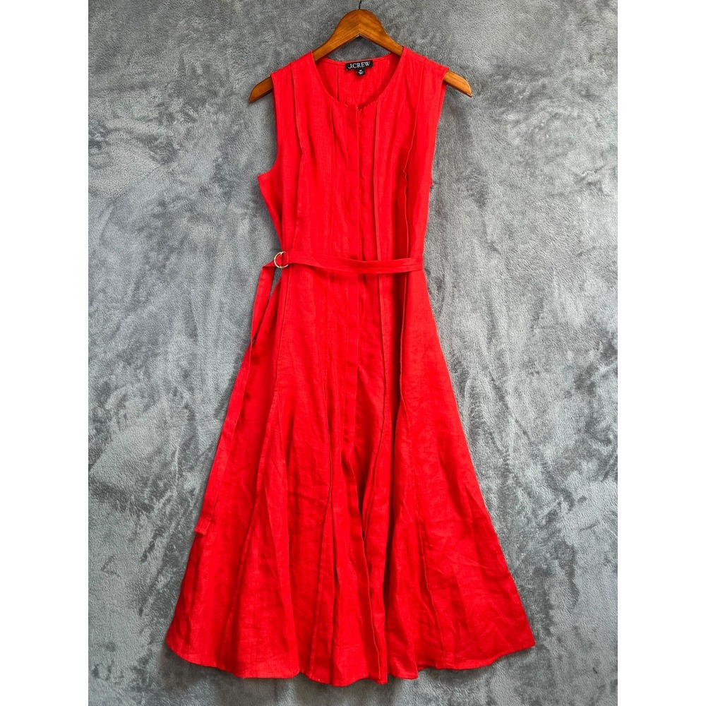 J.Crew Seamed Linen Dress Medium Petite Red Belted Midi A Line Sleeveless CL042